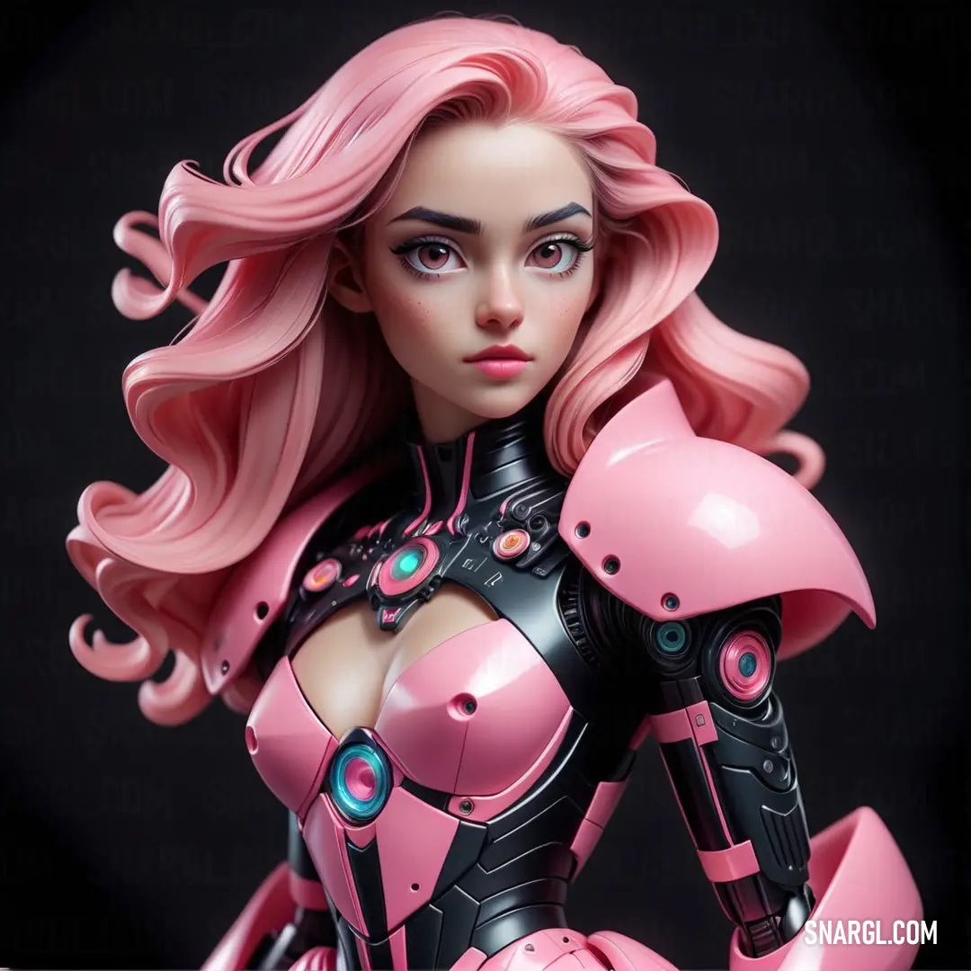 Pink and black robot girl with pink hair and a pink suit on her body. Color Lavender pink.