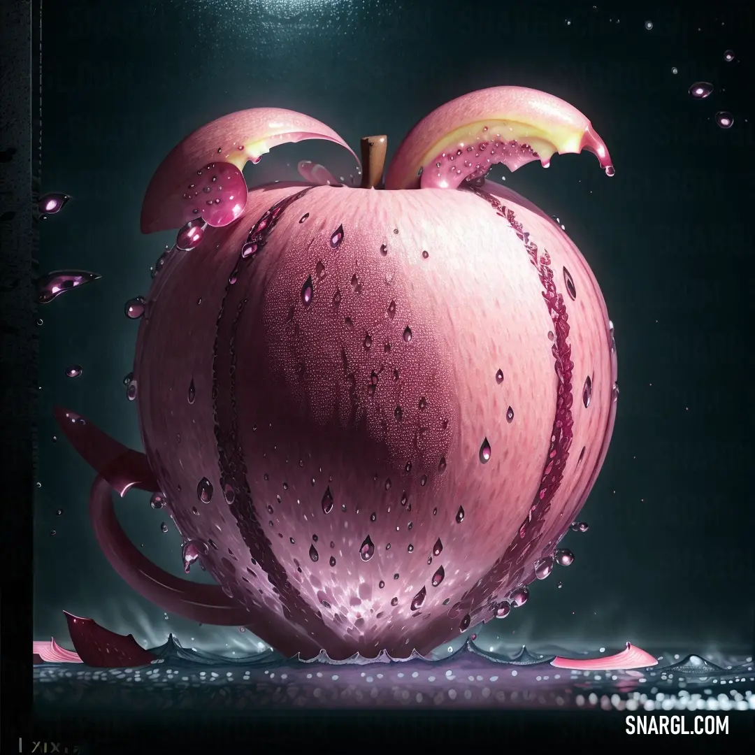 Pink apple with a bite taken out of it's core and water droplets on it's surface