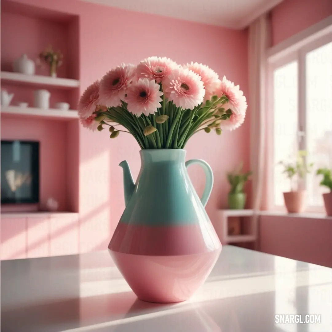 Lavender pink color. Vase with pink flowers in it on a table in a room with pink walls and shelves and a television