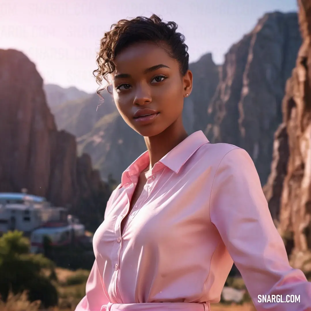 Lavender pink color. Woman in a pink shirt and pink pants standing in front of a mountain range