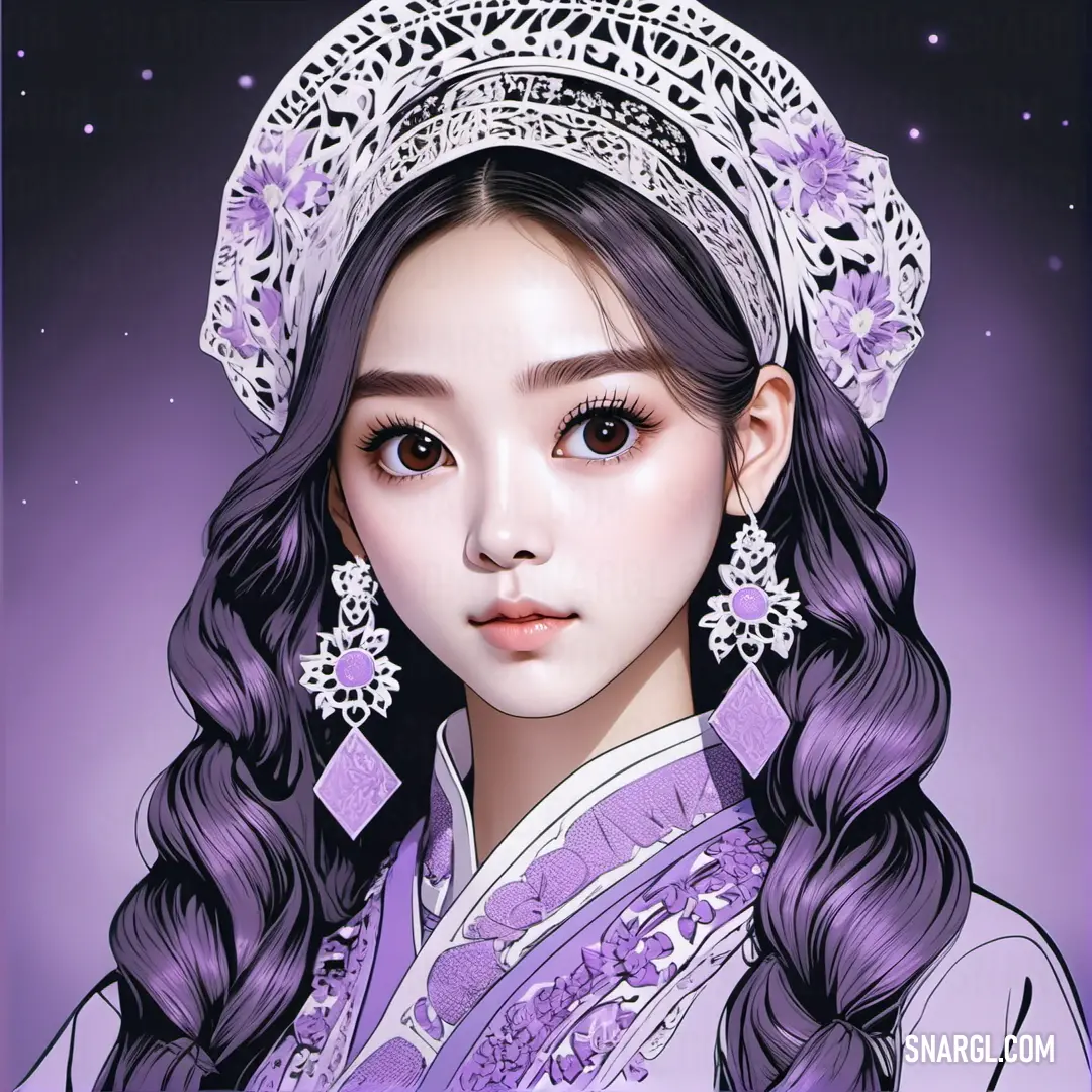Digital painting of a woman wearing a tiara and a purple dress with flowers on it's head. Example of #967BB6 color.