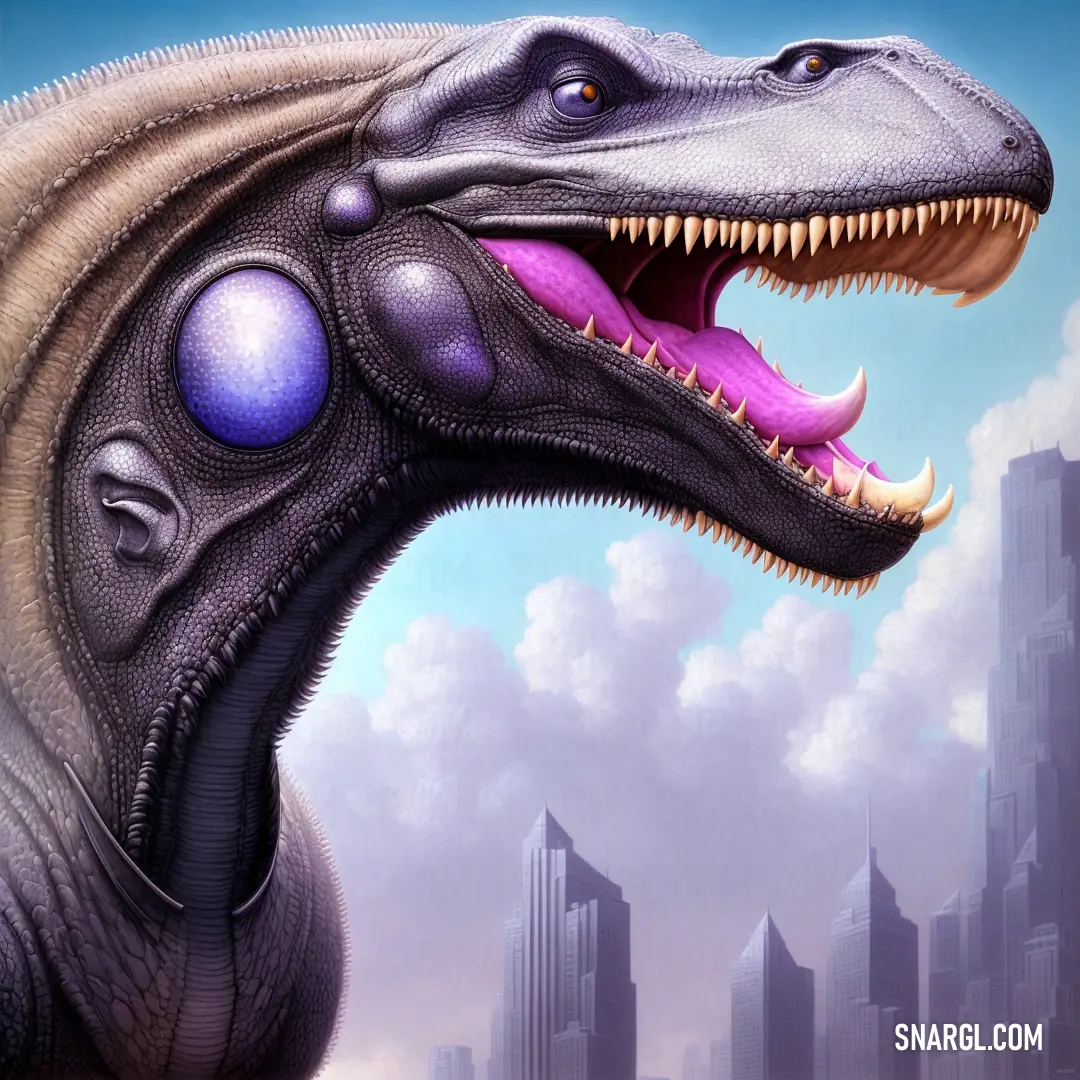 Dinosaur with its mouth open and its teeth wide open in front of a city skyline with skyscrapers