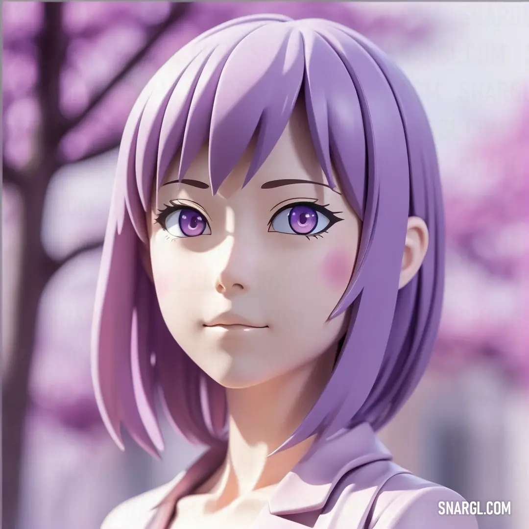 Lavender purple color example: Anime girl with purple hair and blue eyes looking at the camera with a pink background