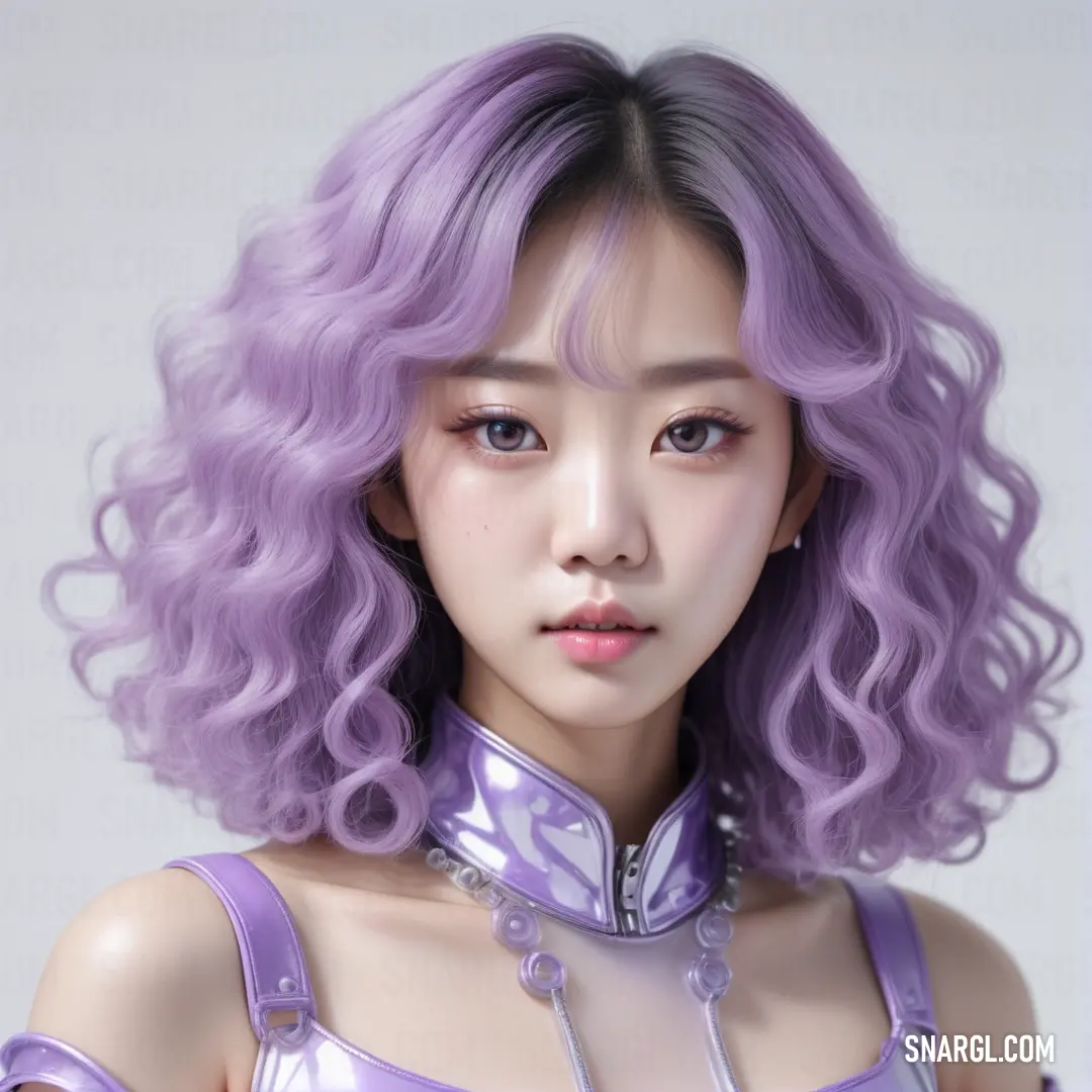 Lavender purple color example: Woman with purple hair and a purple outfit on her chest