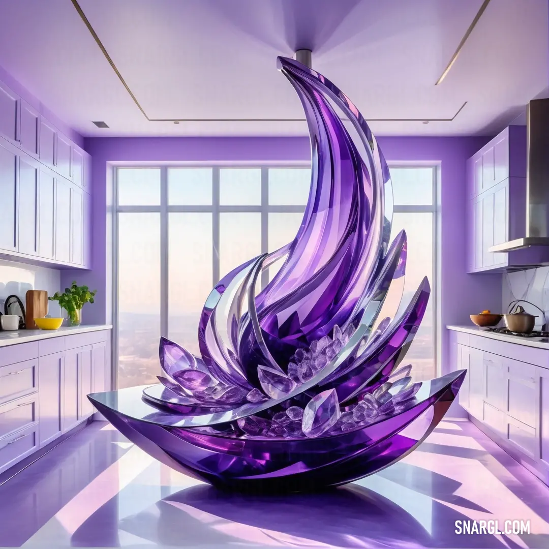 Purple sculpture in a kitchen with a large window behind it and a view of the city outside the window. Example of CMYK 18,32,0,29 color.