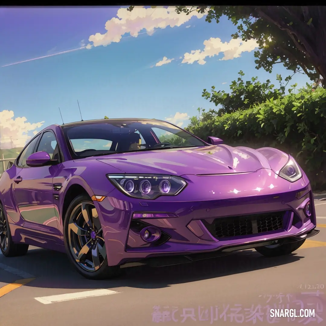 Purple sports car driving down a street next to a tree and bushes in a city setting with clouds in the sky