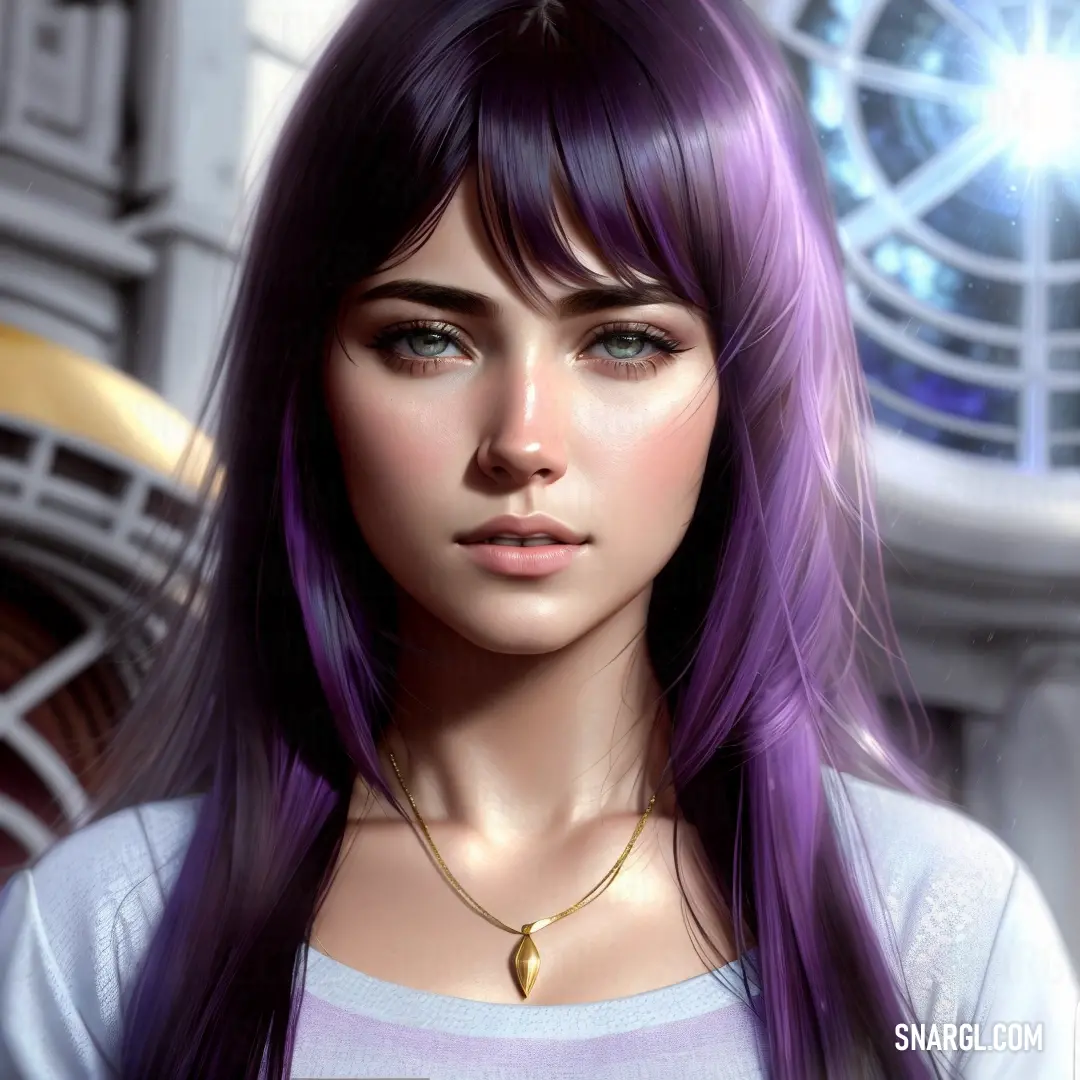 Woman with purple hair and a necklace on her neck and a clock in the background with a window