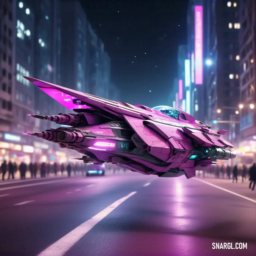 Futuristic purple vehicle flying over a city at night with people walking by it and a neon light on the building