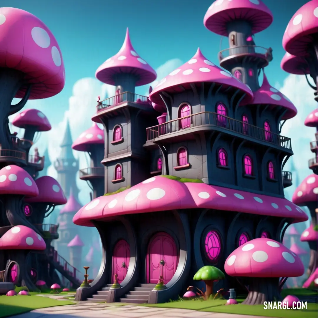 Pink mushroom like house with lots of windows. Example of CMYK 0,36,10,2 color.