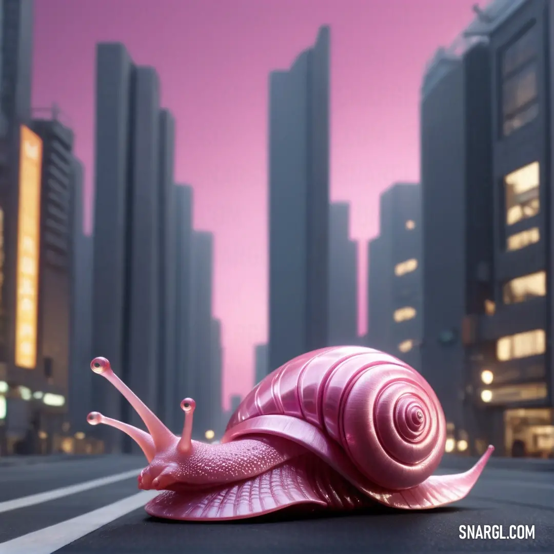 Pink snail is on the road in front of a city skyline at night time with buildings in the background. Example of #FBA0E3 color.