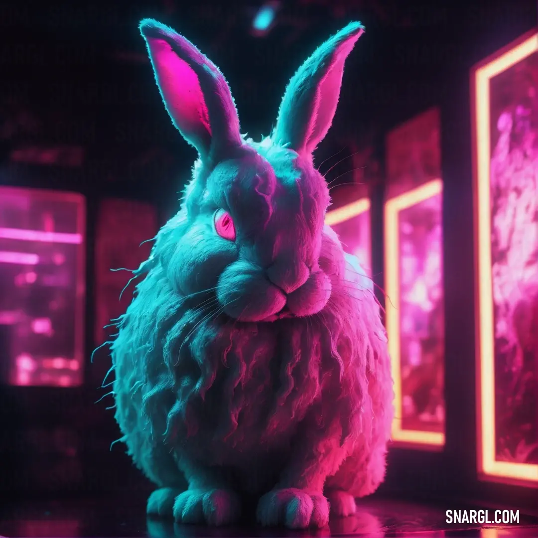 Rabbit on a table in a room with neon lights on it's walls and a neon pink light on its face. Example of Lavender rose color.