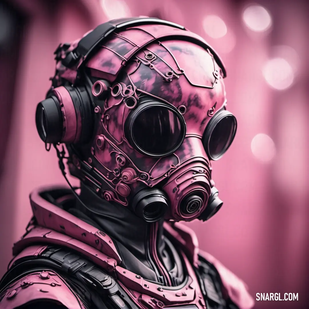 Man in a gas mask and gas mask suit with a pink background. Example of RGB 251,160,227 color.