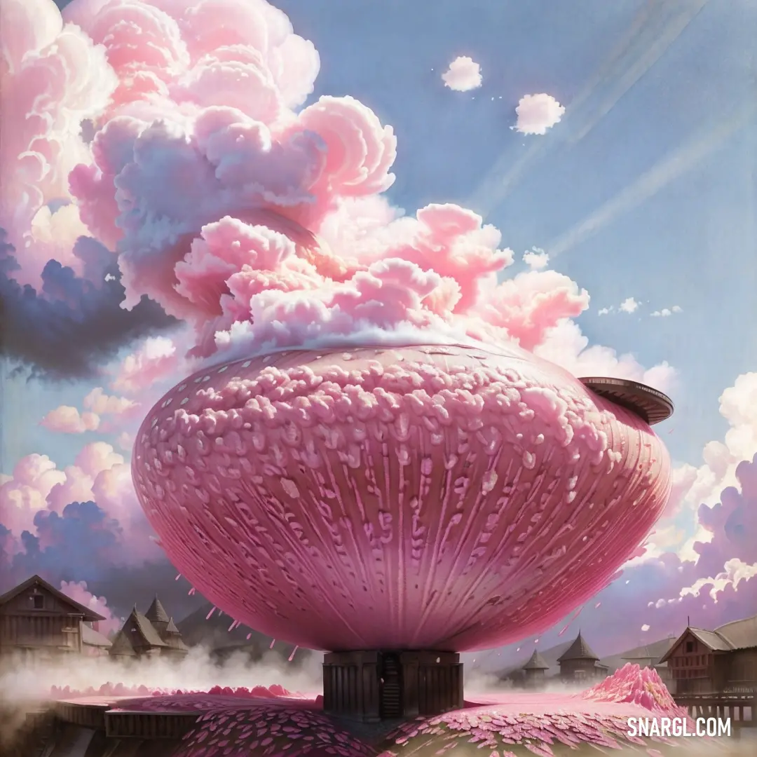 Lavender rose color. Painting of a pink mushroom with a sky background