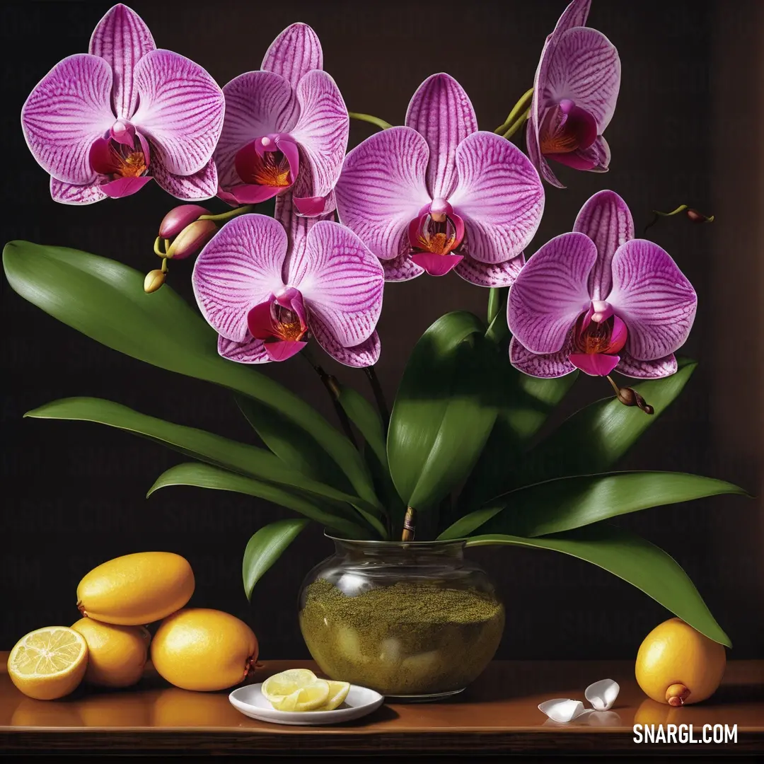 Painting of purple orchids in a vase with lemons and a lemon slice on a table next to it. Example of RGB 251,160,227 color.