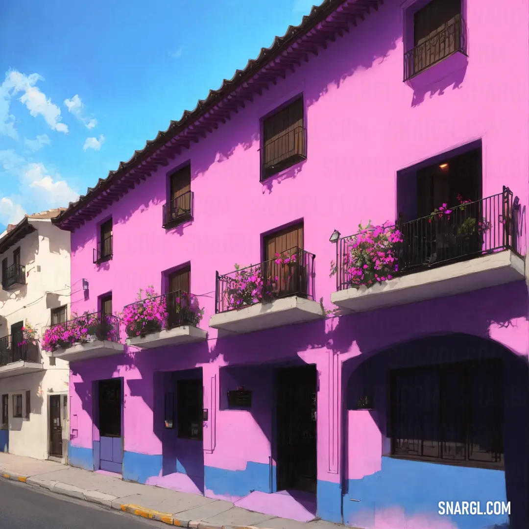 Pink building with purple flowers on the balconies
