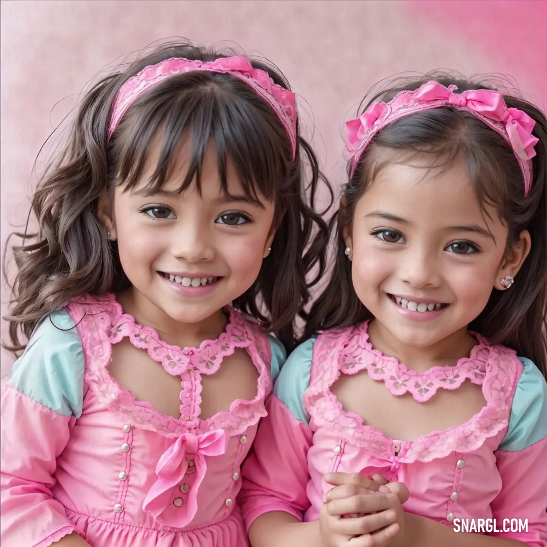 Two little girls are posing for a picture together in pink dresses and blue tops with pink bows on their heads