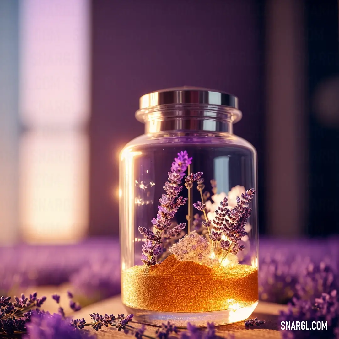 Jar filled with lots of purple flowers on top of a table next to a window sill