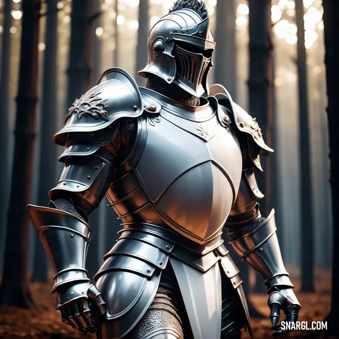 Knight in a forest with a sword in his hand and a helmet on his head. Example of RGB 230,230,250 color.