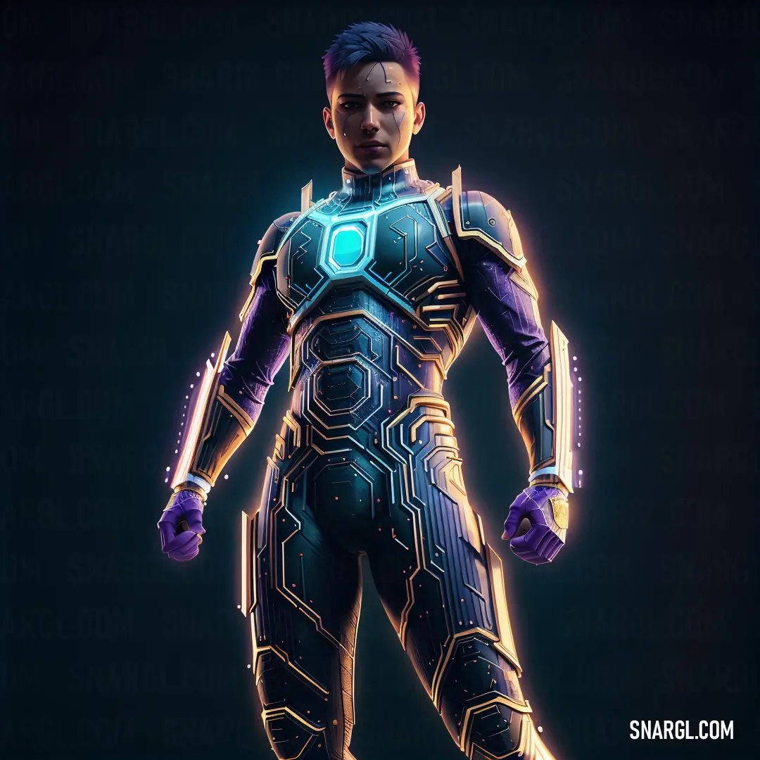 Man in a futuristic suit with a glowing light on his chest and hands on his hips