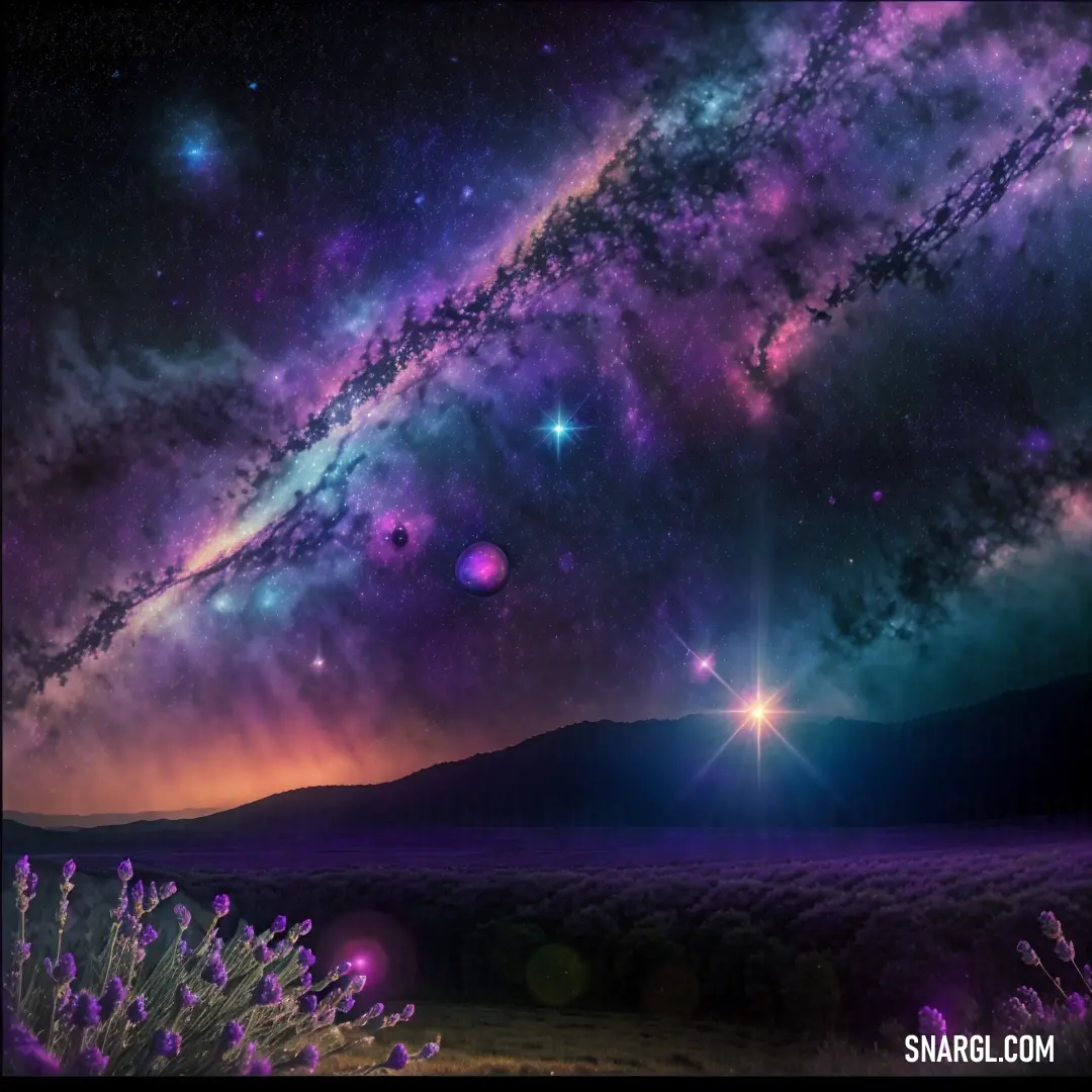 Night sky with stars and a large galaxy in the background with a purple field