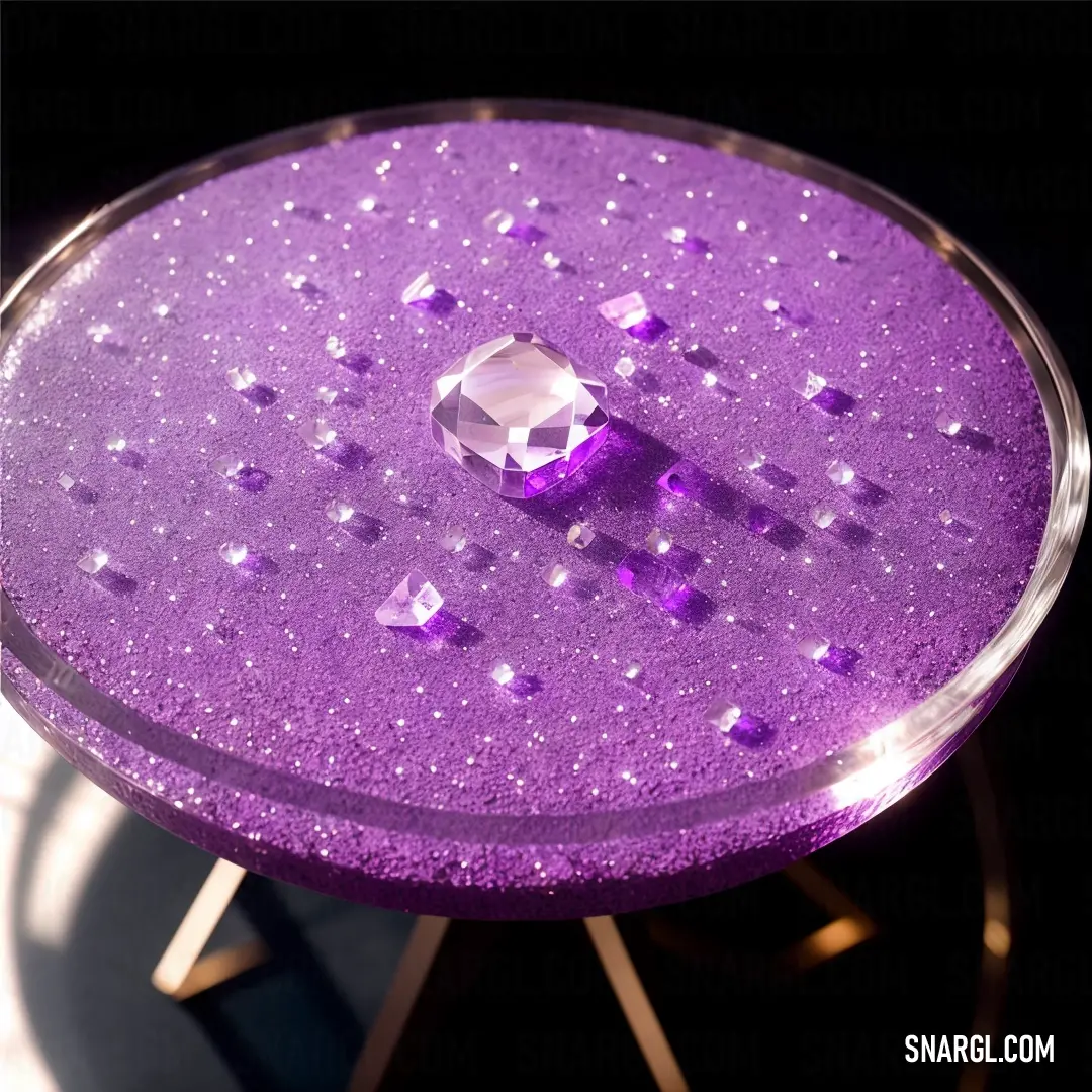 Purple table with a diamond on top of it and a black background behind it with a gold frame