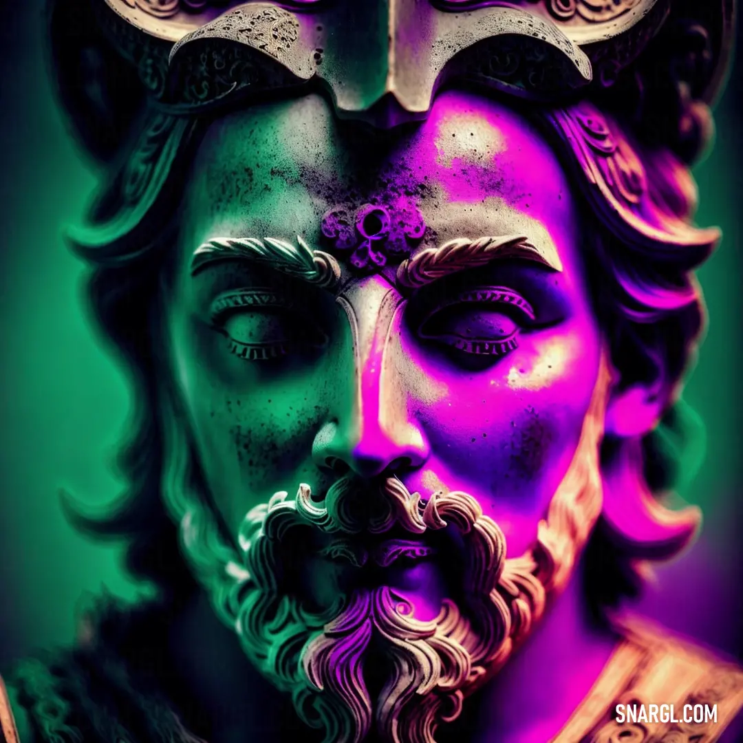 Statue of a man with a beard and a mask on his face and a green background with a purple light