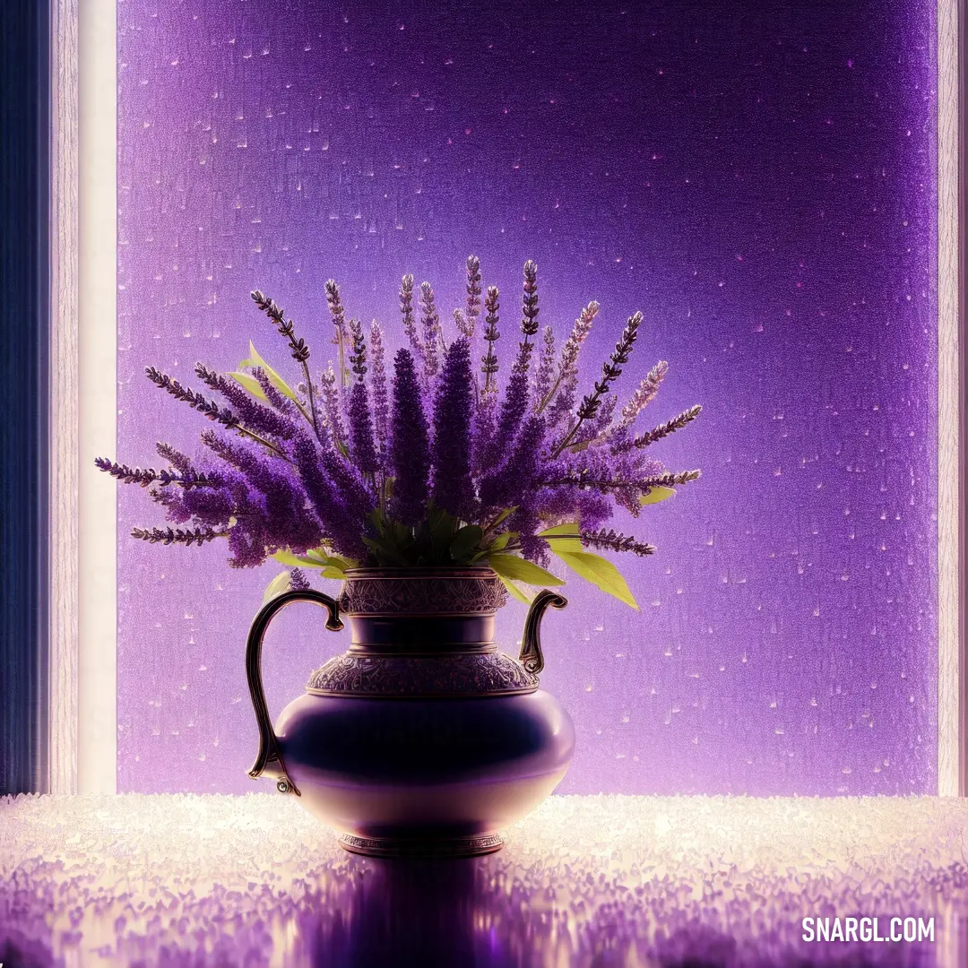 Vase with a purple flower in it on a table next to a window with purple