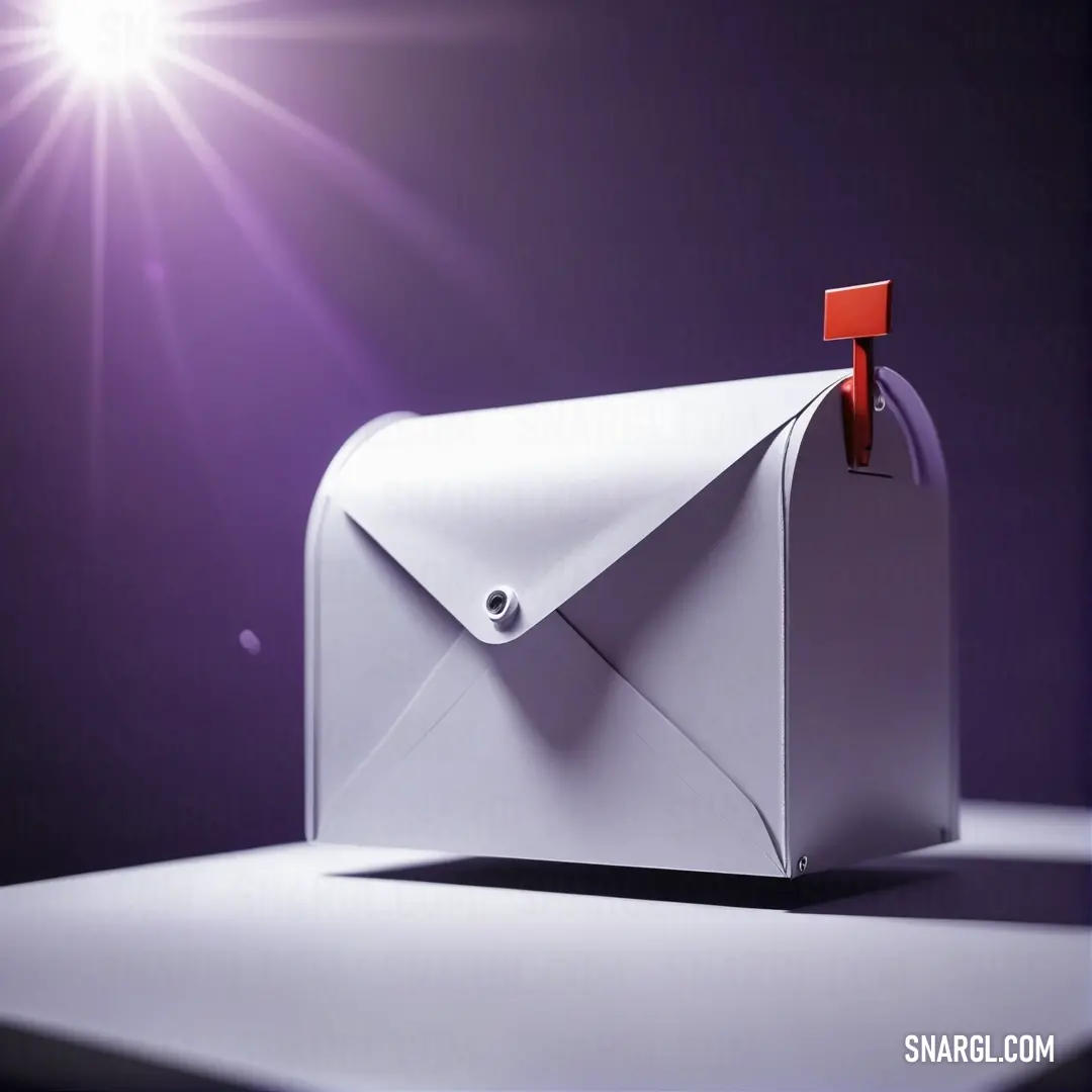 White mailbox with a red post sticking out of it's side on a table with a purple background. Color #E6E6FA.