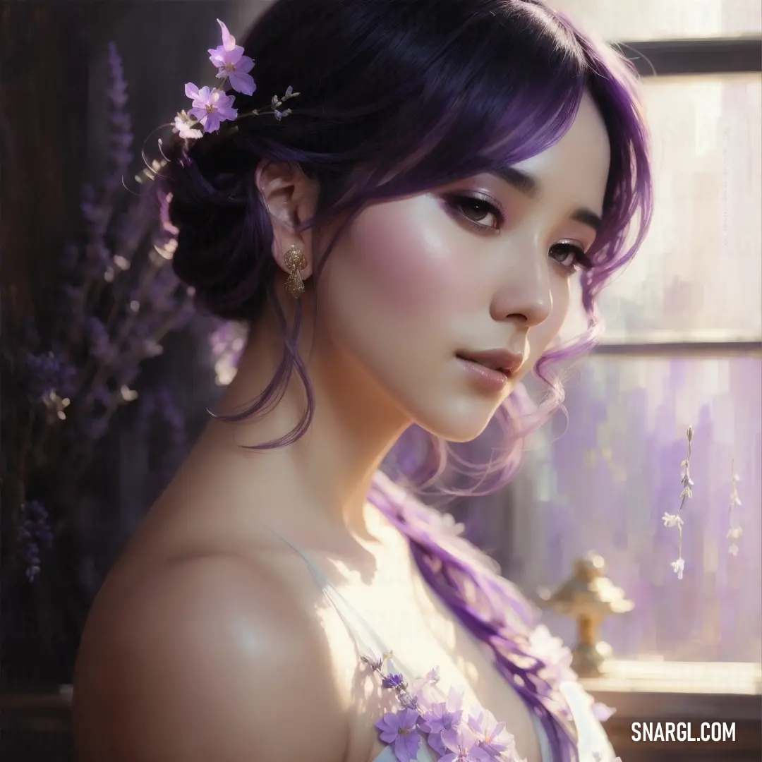 Woman with purple hair and a flower in her hair is looking at the camera