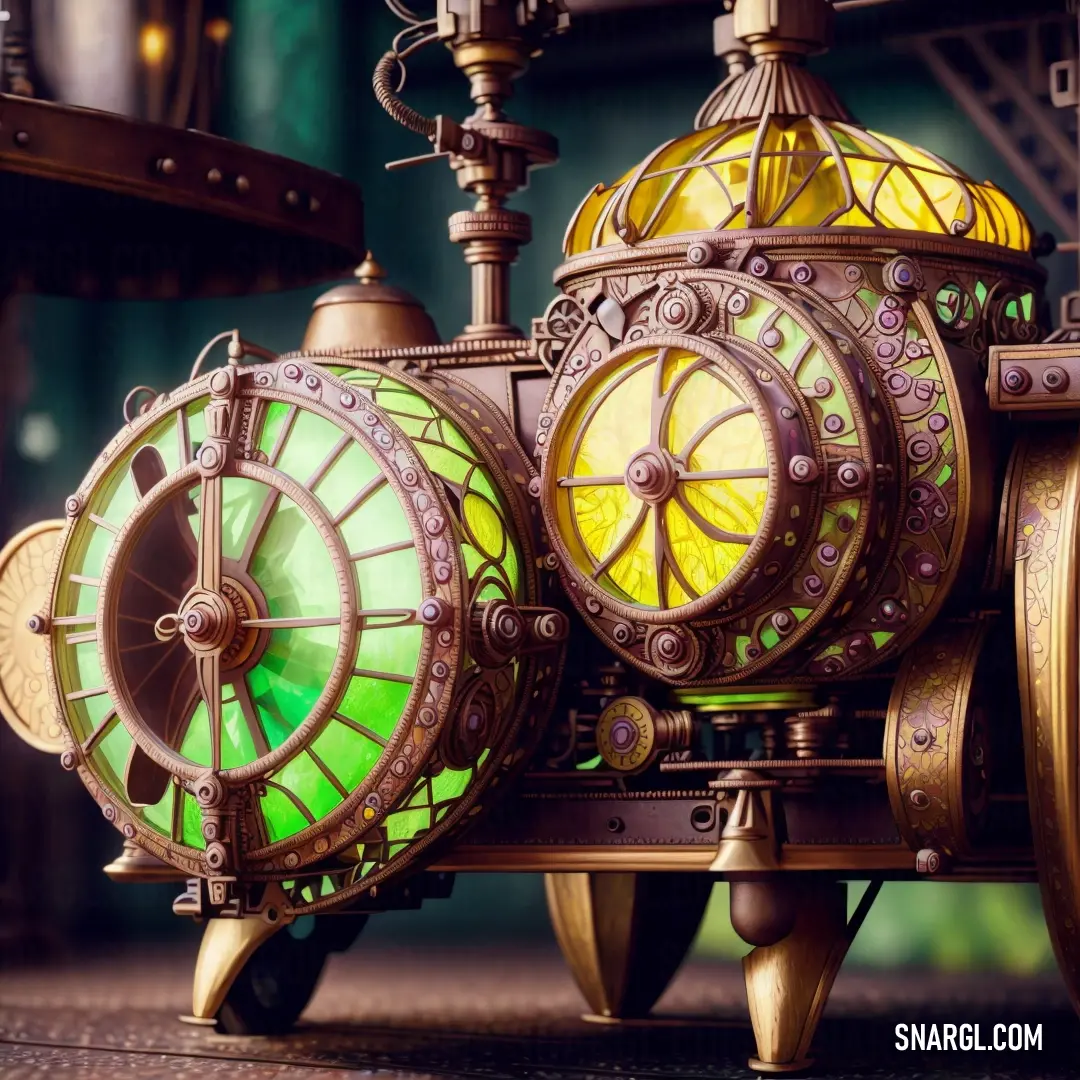 Clock with a green light inside of it on a table top next to a lamp and a clock