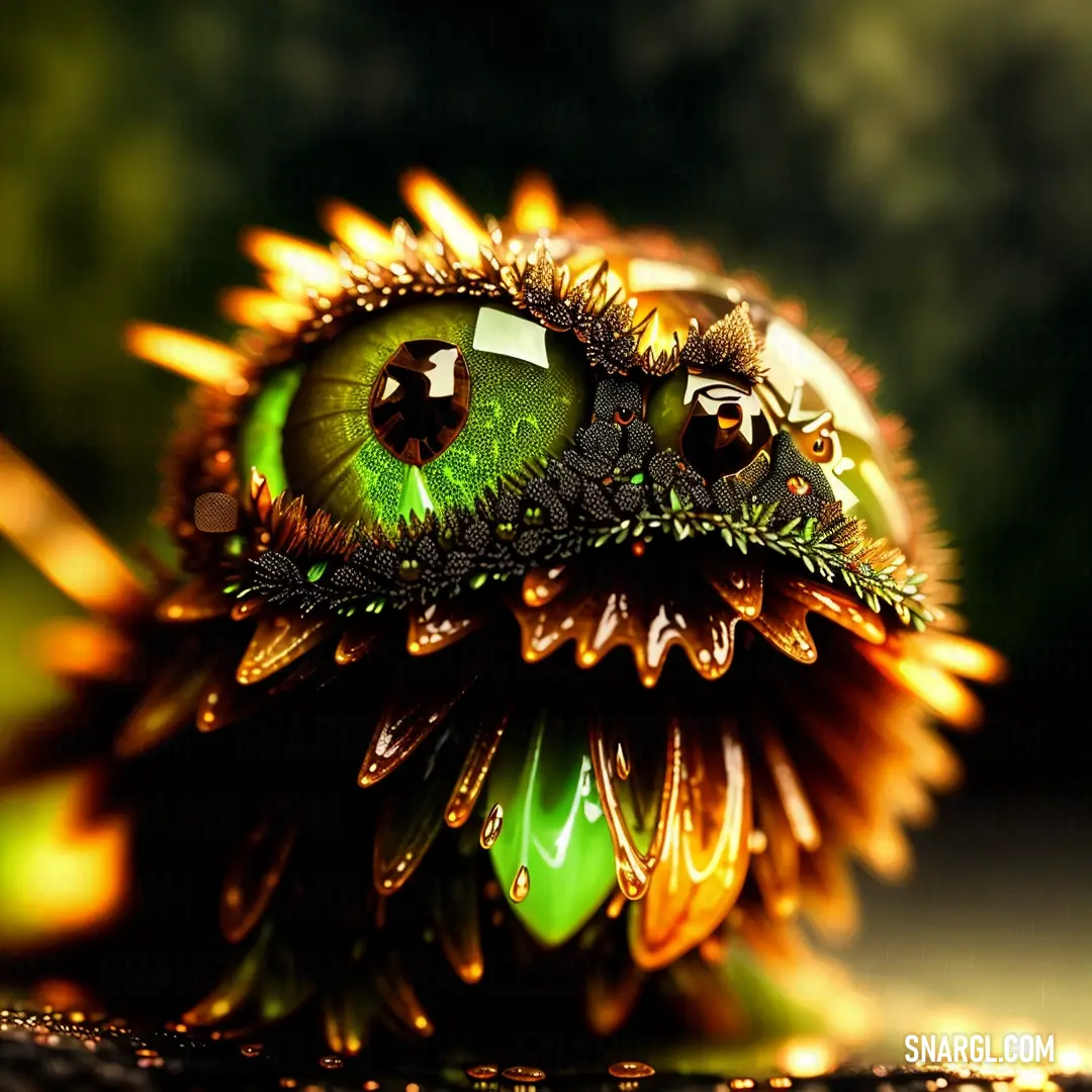 Close up of a green eye with a flower on it's head and a chain around its neck. Color CMYK 51,0,100,1.