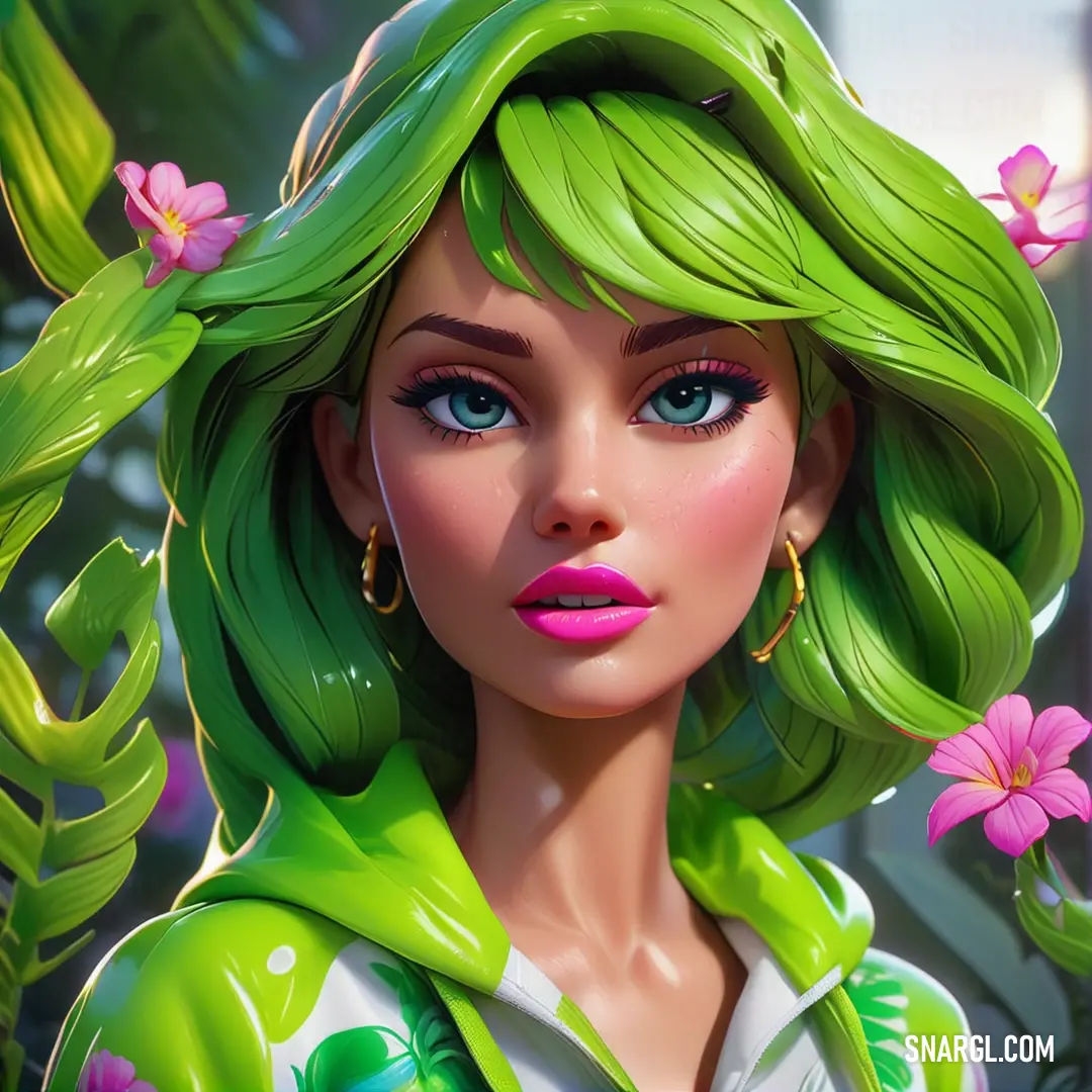 Close up of a person with green hair and flowers in her hair and a green jacket