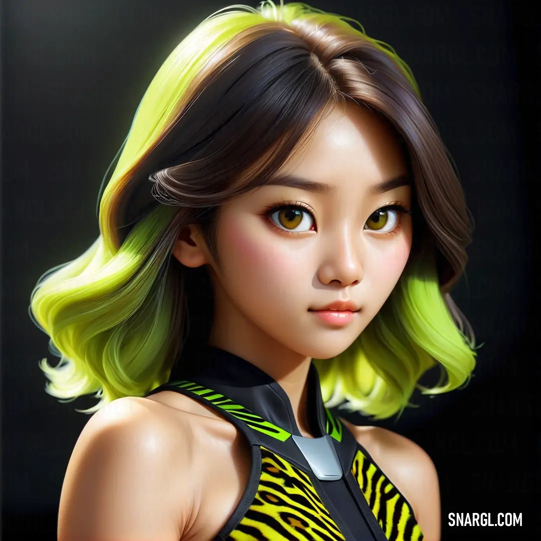 Digital painting of a woman with green hair and a zebra print top on her shirt and a black background