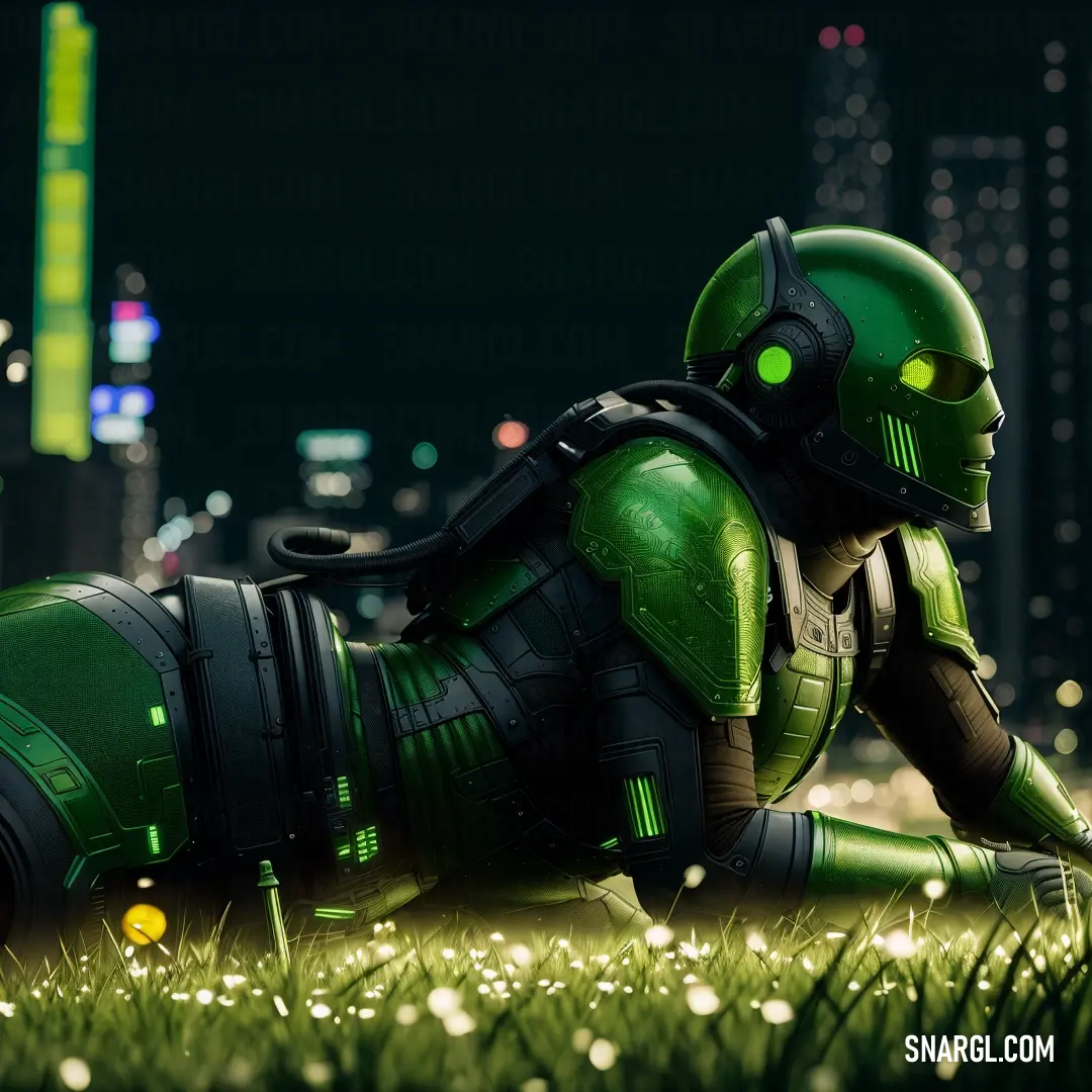 Green robot laying on the ground in the grass with a city in the background at night time with lights on