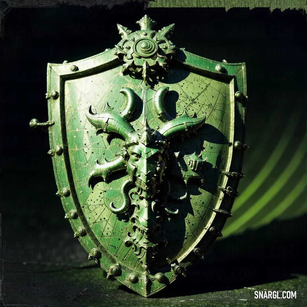 Green shield with a dragon on it's side on a table in a dark room with a green background