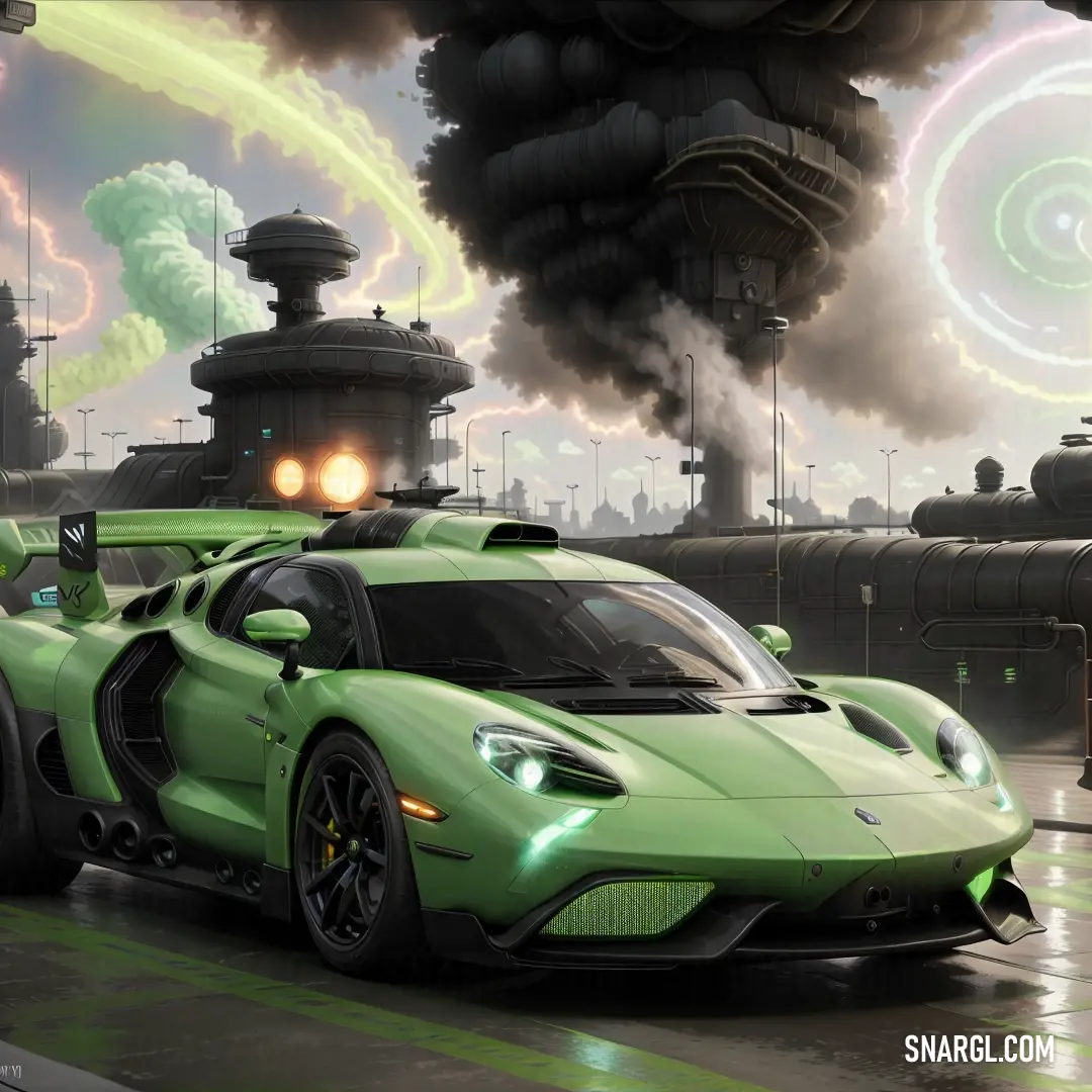 Green sports car driving down a wet road next to a factory with smoke pouring out of it's stacks. Example of RGB 124,252,0 color.