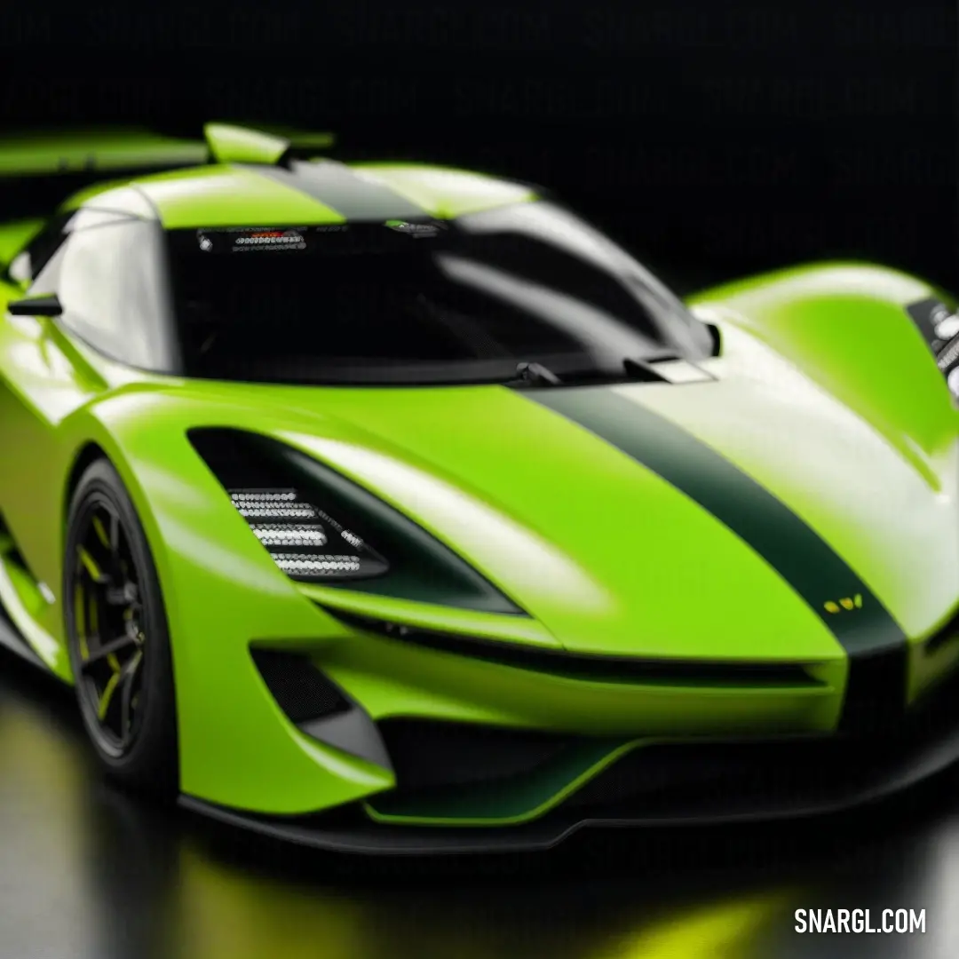 Green sports car with black stripes on it's body and hoods, on a black background. Example of RGB 124,252,0 color.