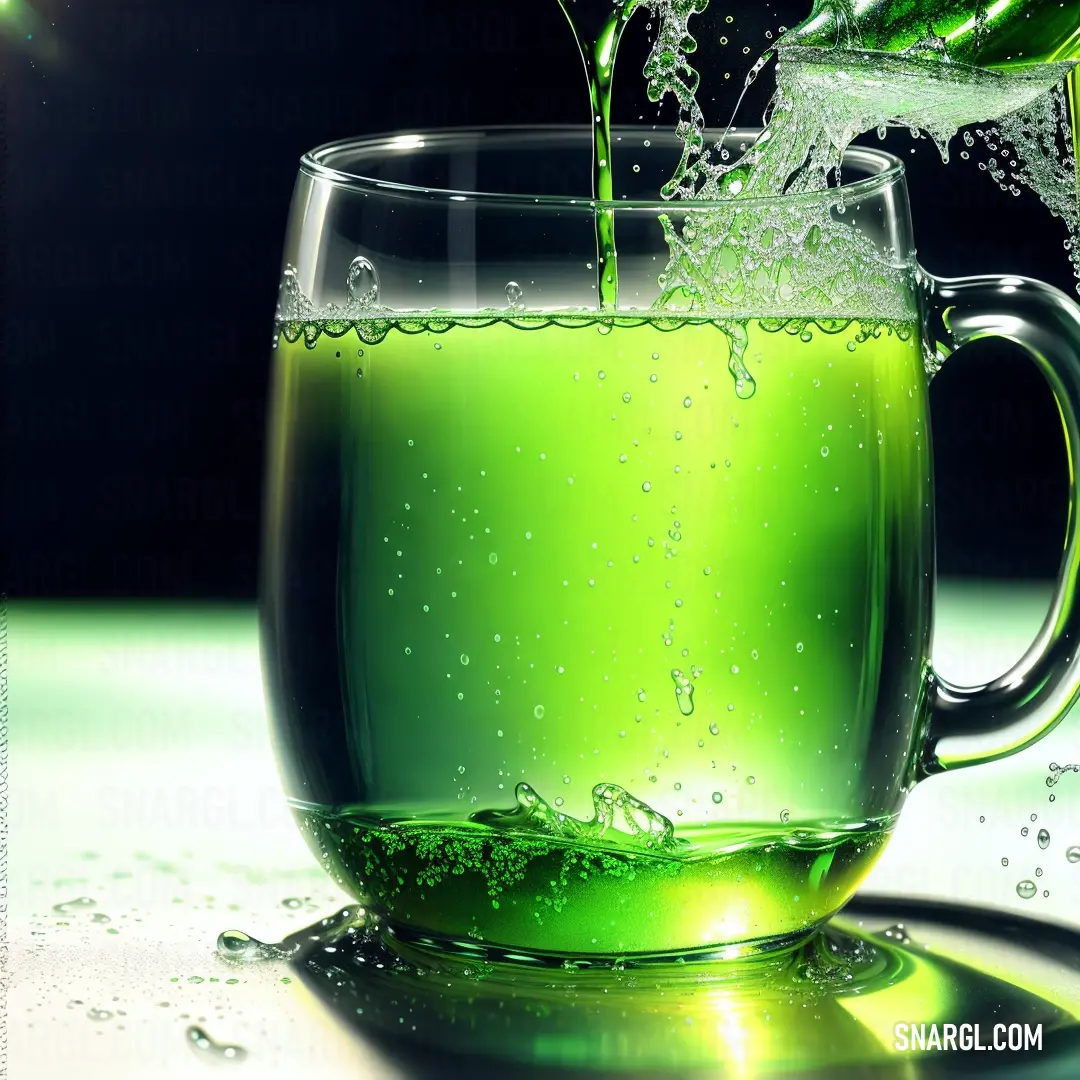 Green tea is being poured into a glass cup with water on the side of it and a green leaf sticking out of the top