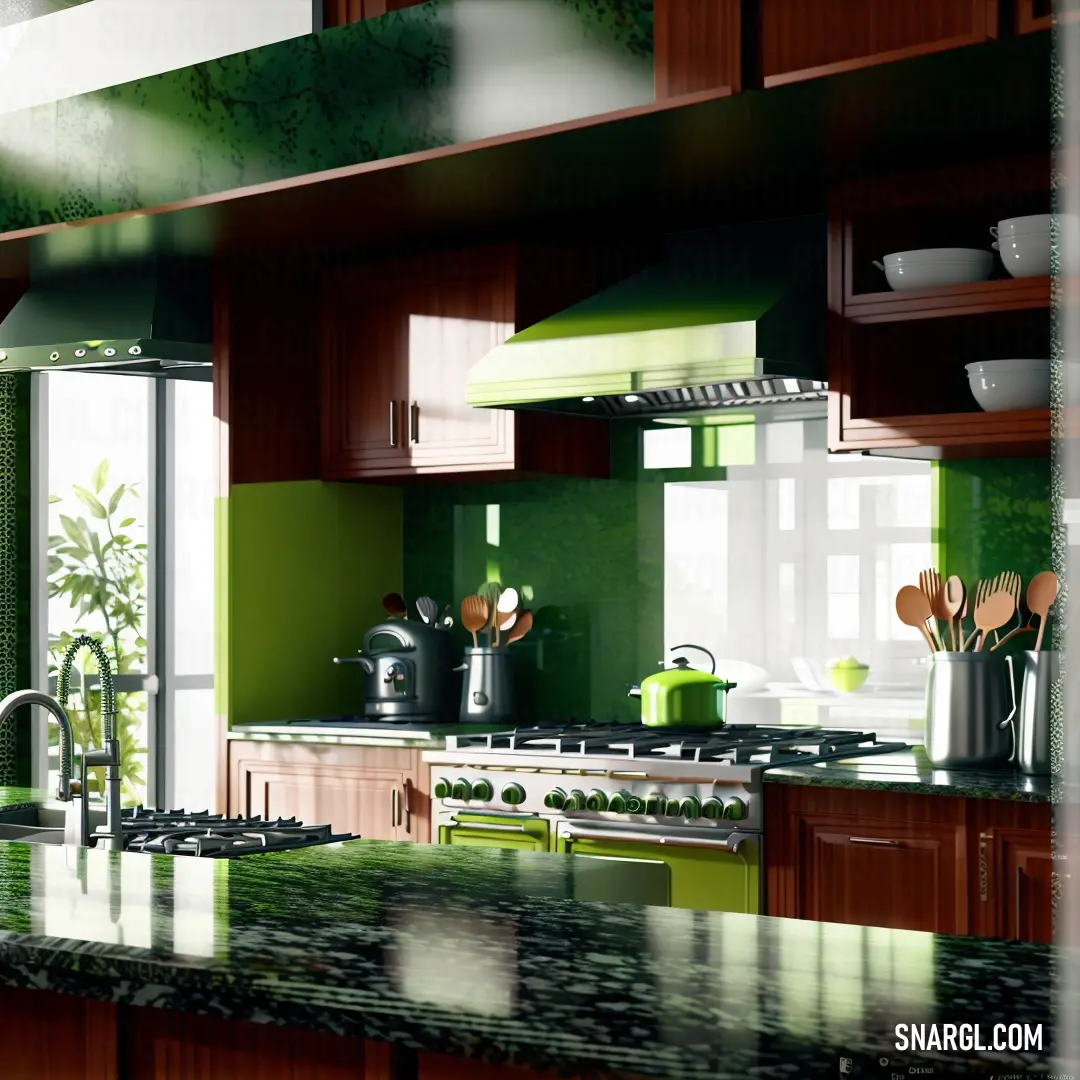 Kitchen with a green wall and a stove top oven and a sink and a window with a view of the outside. Example of Lawn green color.