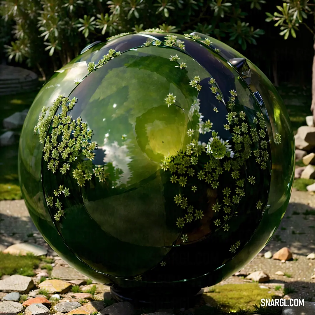 Large green vase on top of a stone ground next to a tree and grass covered ground with rocks