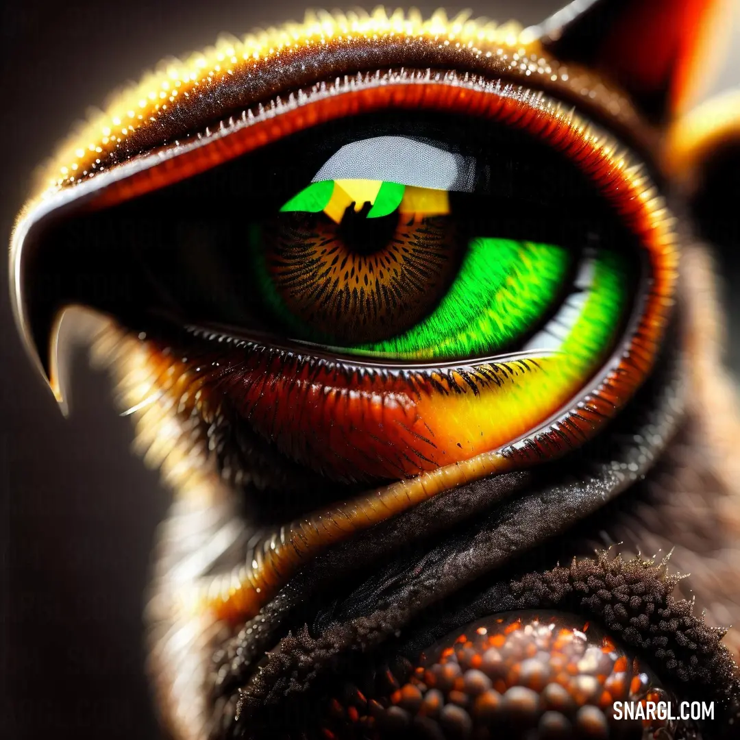 Close up of a cat's eye with a green and yellow irise irise irise, Anne Stokes. Example of CMYK 51,0,100,1 color.