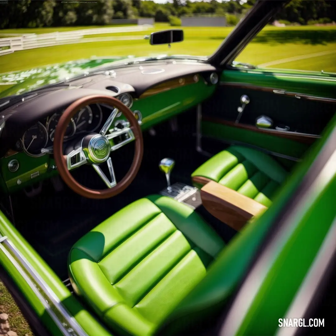 Lawn green color example: Green car with a steering wheel and a green seat cover on it's dashboard
