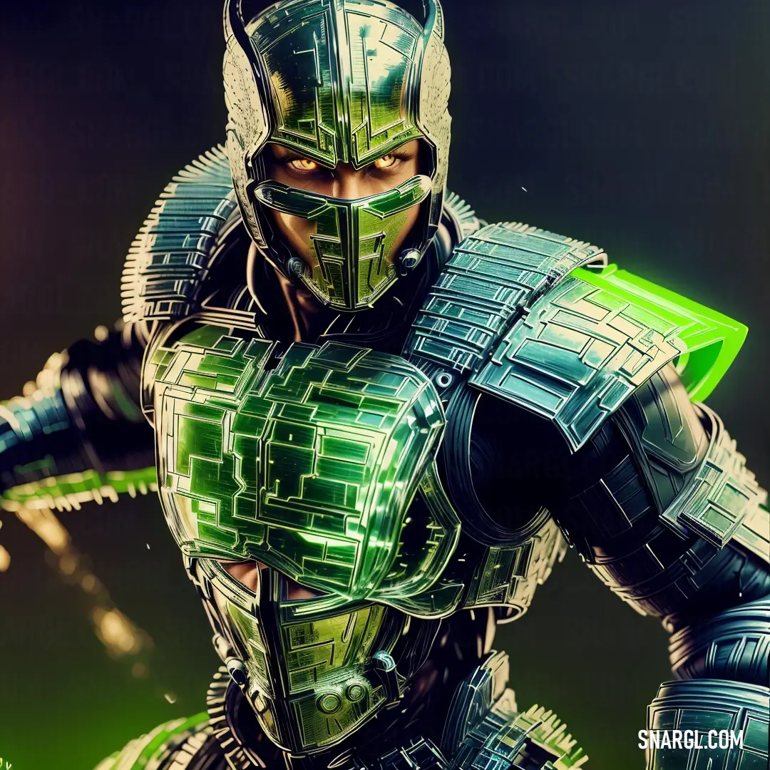 Man in a green suit holding a sword and wearing a helmet and armor with a green light shining on his face. Color RGB 124,252,0.