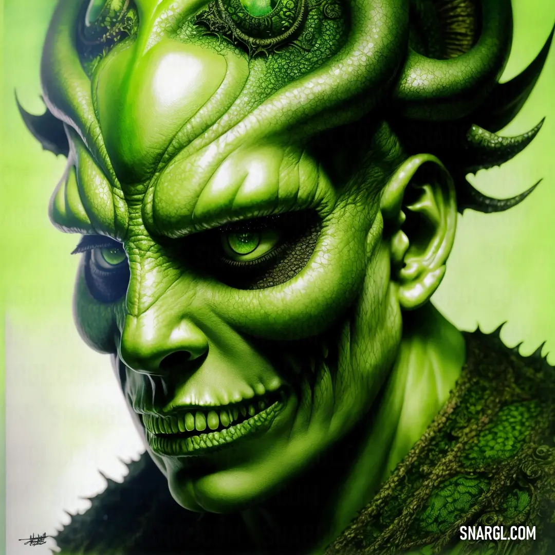 Painting of a demon with green hair and green eyes and a green haircut with horns
