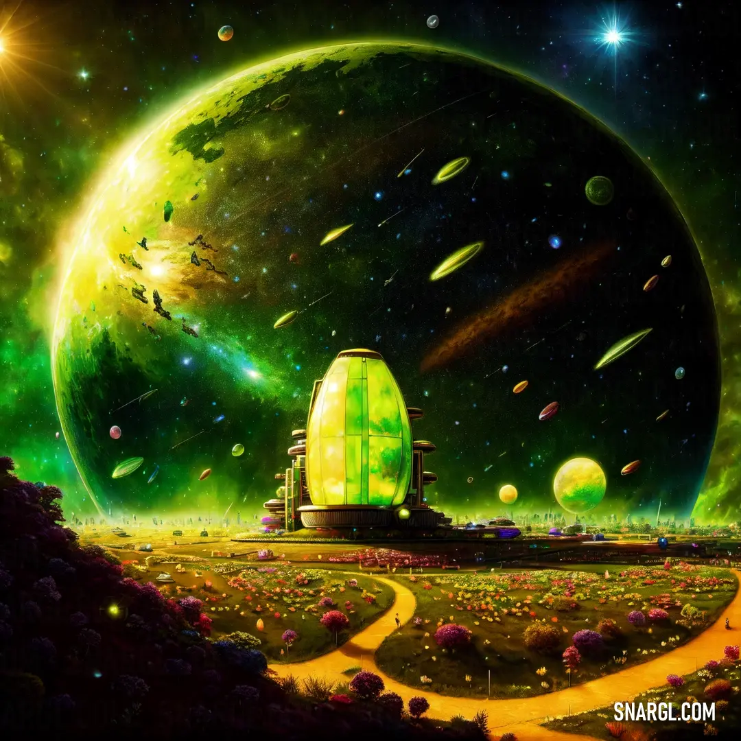 Painting of a space station in the middle of a field with a green planet in the background and stars in the sky
