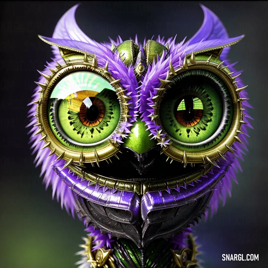 Purple owl with green eyes and a purple feathered head is shown in this artistic photo of a purple owl