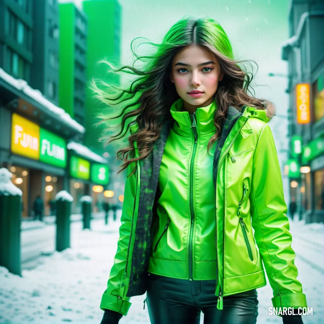 Woman in a green jacket is walking down the street in the snow with her hair blowing in the wind