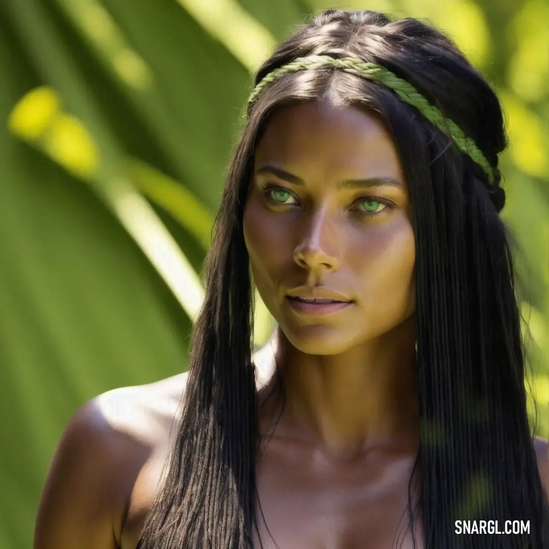 Woman with long hair and green eyes is posing for a picture in front of a green background with leaves