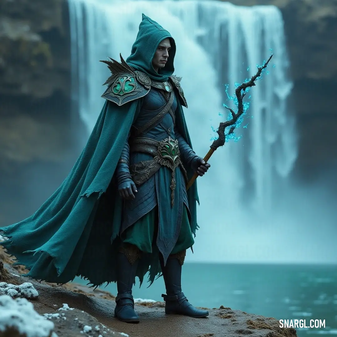 Adventurous and poised, a brave hero clad in lush green attire stands before a cascading waterfall, brandishing a stick and sword, ready to embrace whatever challenges lie ahead.