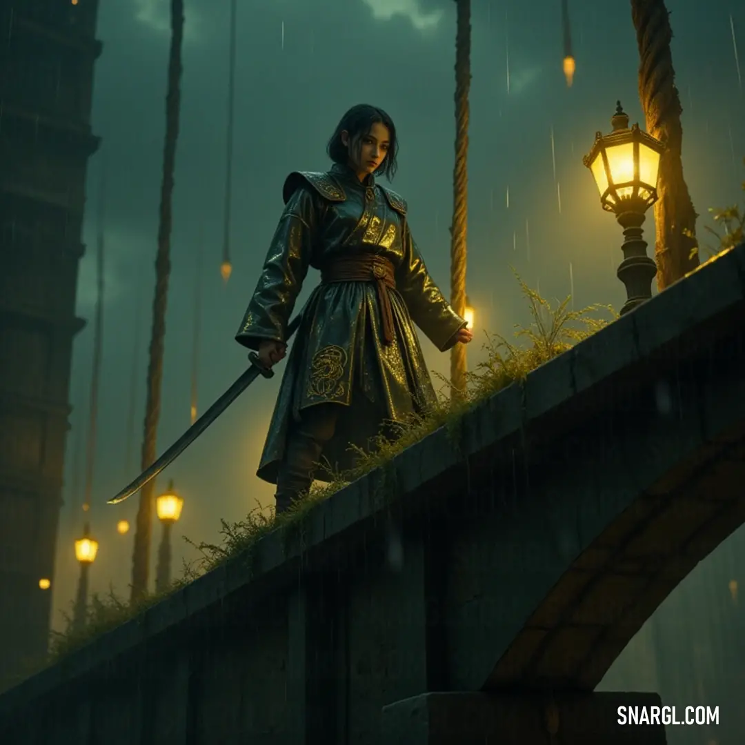 A brave adventurer walks with purpose across a weathered bridge, sword drawn, with a lantern's warm glow illuminating the path through the gathering dusk. With a sword in hand and a lantern glowing in the distance, a figure strides across an ancient bridge, embodying resolve and adventure against a backdrop of enchanting shadows.